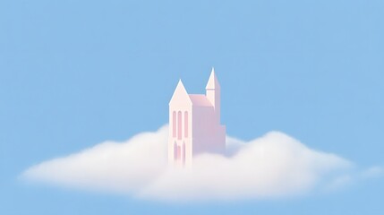 Pink building floating on a white cloud in blue sky