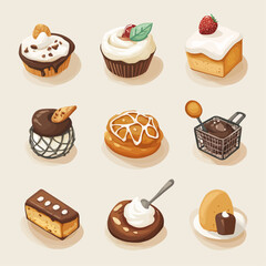 Assorted Pastries and Desserts with Chocolate and Cream Toppings