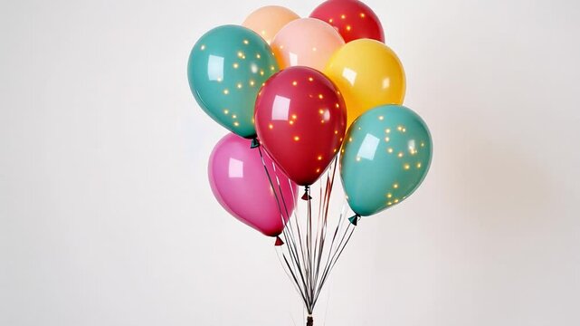 Colorful helium balloons floating in the air with golden confetti, isolated on a solid white background.