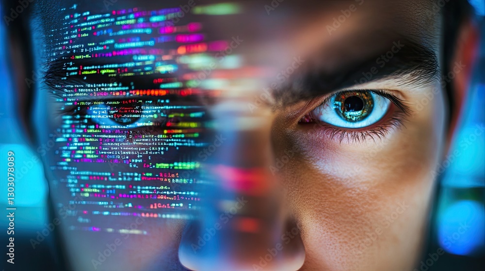 Poster close-up of a man's eye reflecting digital data and code