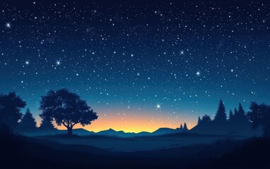 Obraz premium Starry Night Dreamscape: A breathtaking digital painting capturing a tranquil night scene, with a vast expanse of the starlit sky over silhouetted trees and a distant mountain range. 