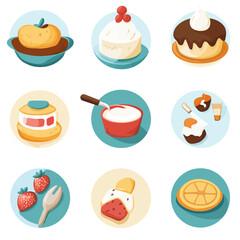 Cartoon dessert collection on light blue and beige circles, tasty treat