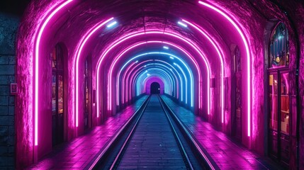 Neon tunnel walkway, vibrant arches, urban, tunnel entrance