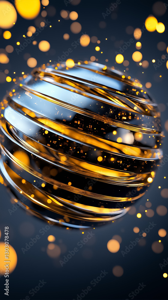 Poster a mesmerizing spherical form showcases a data matrix, surrounded by constantly shifting golden patte