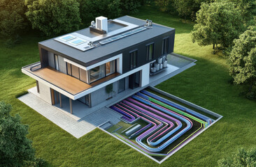 Stylish modern house incorporates an underground geothermal heating system, showcasing energy-efficient living in a serene environment