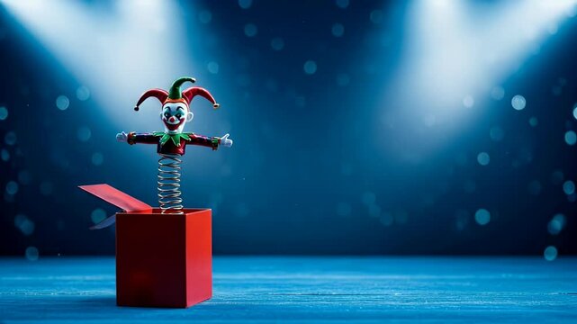 Jack in the box toy on a blue background. April fools day concept