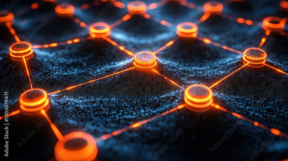 Poster network nodes connected by glowing lines on a textured surface, showing background data transfer