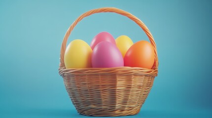Colorful easter eggs in woven basket on blue pastel background, festive spring holiday decoration arrangement


