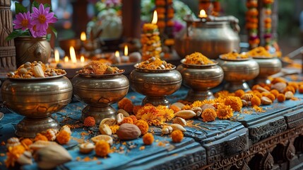 Fototapeta premium Traditional ceremonial table adorned with brass bowls nuts flowers and candles under a spiritual festive setting