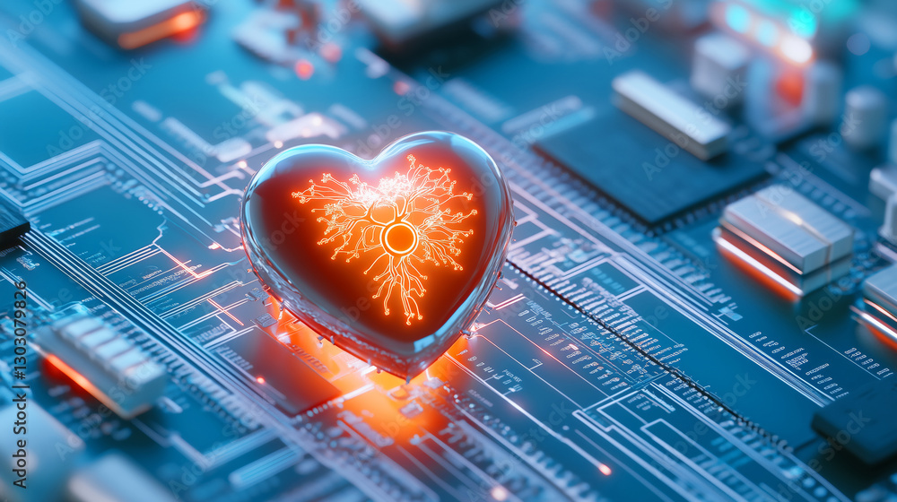 Poster a heart-shaped object illuminates with an orange glow against a blue circuit board background, highl