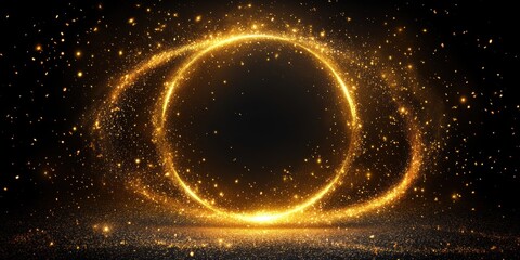 Golden sparkling circle with glittering particles and magical swirl effect on black background