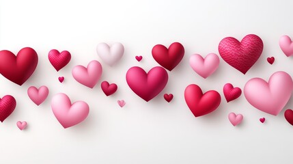 Love Valentine's background with pink falling hearts over white. Valentine's Day background with red and pink hearts on a white background