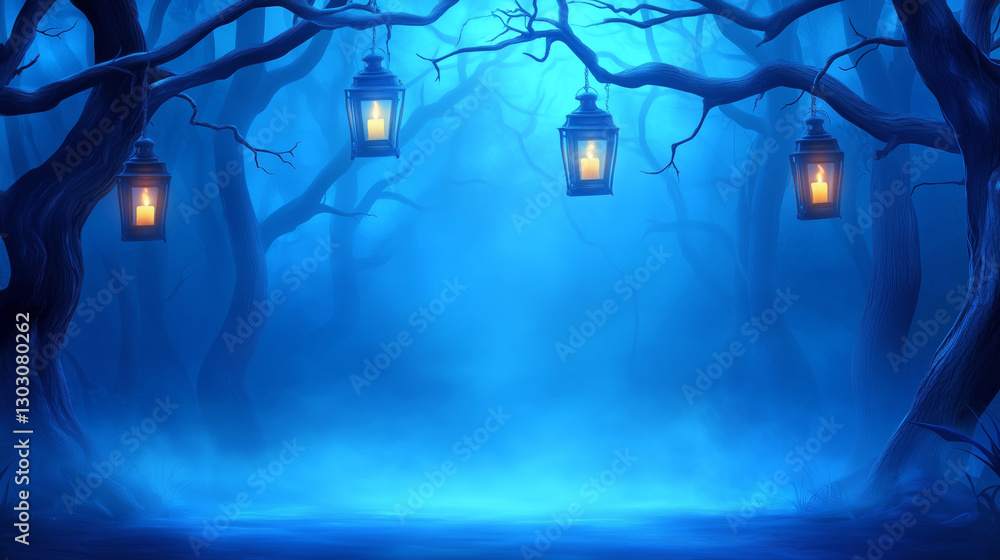 Poster a dark forest filled with twisted trees sets an eerie tone. lanterns hang from branches, casting a w