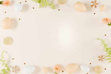 Easter themed arrangement with decorative eggs and flowers on a light background. 3d rendering