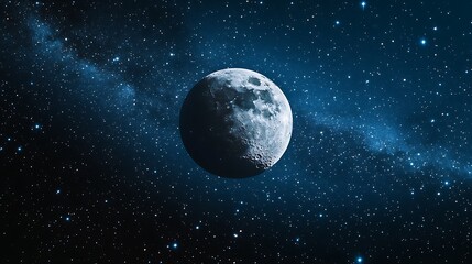 A crescent moon surrounded by shimmering stars in a deep blue night sky