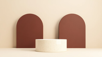 minimalist cream cylinder product display with maroon background