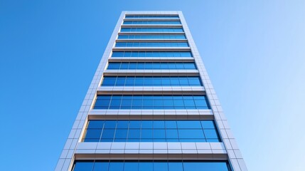 Modern high-rise building against clear blue sky: architecture and urban scene