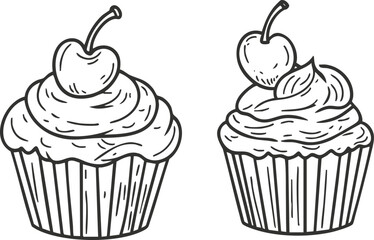 Black and white illustration of cupcakes with cherries on top.