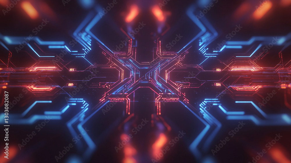 Poster a futuristic abstract background in a high-tech style in orange and blue colors. shining lines and p