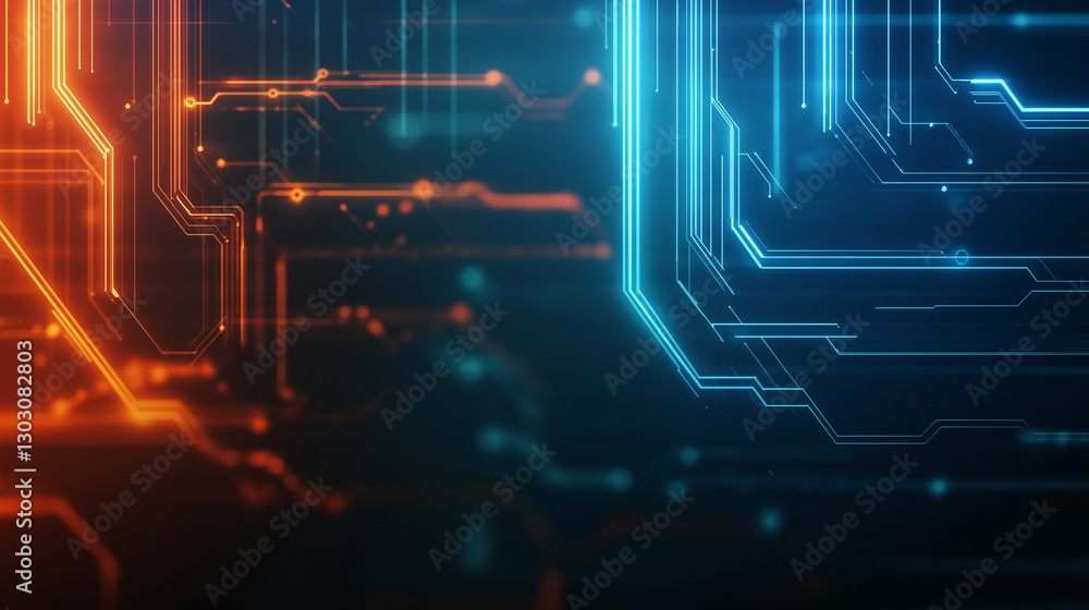 Poster a futuristic abstract background in a high-tech style in orange and blue colors. shining lines and p