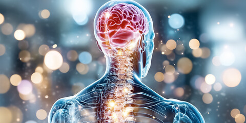 An engaging hologram showcases the human anatomy, emphasizing the brain and spinal cord. The translucent model highlights intricate internal structures, creating a captivating educational tool