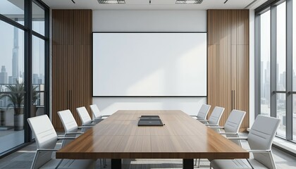 Modern office room interior with meeting table and mock up tv screen