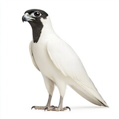 Fototapeta premium White falcon with black head and markings, standing on a white background. Detailed view of feathers and talons. Studio shot