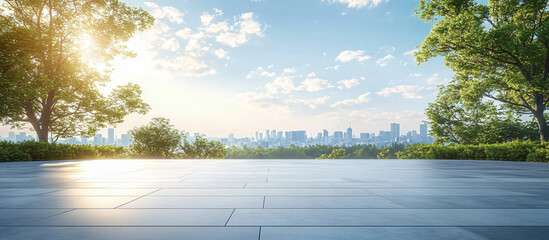 A serene, expansive concrete platform in a city park under a blue sky, ideal for urban design projects, event promotions, or as a backdrop for inspirational quotes.