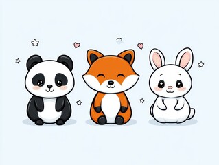 Obraz premium Cute cartoon animals including a panda, fox, and rabbit on a light background