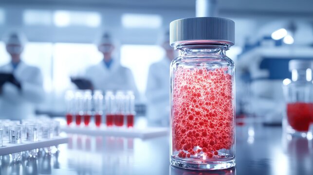 Swirling drug vials in a luminescent lab vibrant chemotherapy solutions high-tech environment scientific perspective