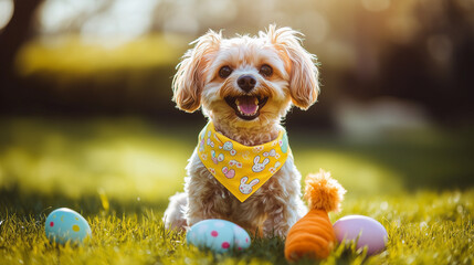 Playful small dog with a yellow bandana outdoors among colorful eggs and toys