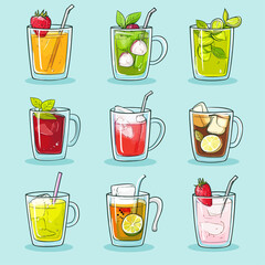 Colorful refreshing summer cocktails with fruit and ice in transparent glasses
