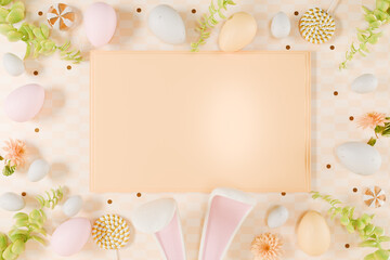 Easter themed flat lay with pastel eggs, flowers, and bunny ears surrounding a blank frame. 3d rendering