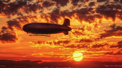 Fototapeta premium Airship Floating in Fiery Sunset Sky