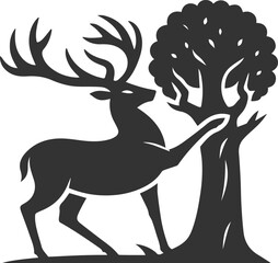 A deer rubbing its antlers against a tree trunk animal silhouette vector