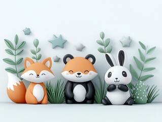 Fototapeta premium Playful cartoon animals in a serene garden setting with decorative plants