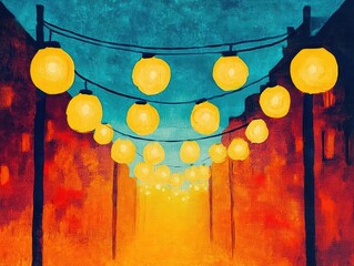 Vibrant acrylic of a festive Diwali street, bold yellows and oranges glowing from hanging lanterns and sparklers