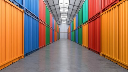 Fototapeta premium Kubernetes concept. Colorful Abstract Containers in Modern Warehouse Logistics Facility Corridor