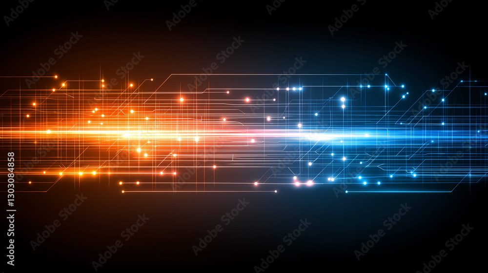 Poster a futuristic abstract background in a high-tech style in orange and blue colors. shining lines and p