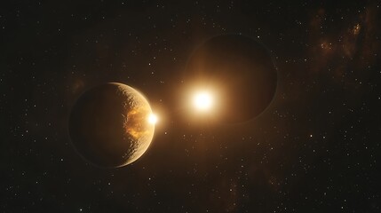 Fototapeta premium A detailed image of a binary star system with two suns orbiting each other amidst a galaxy