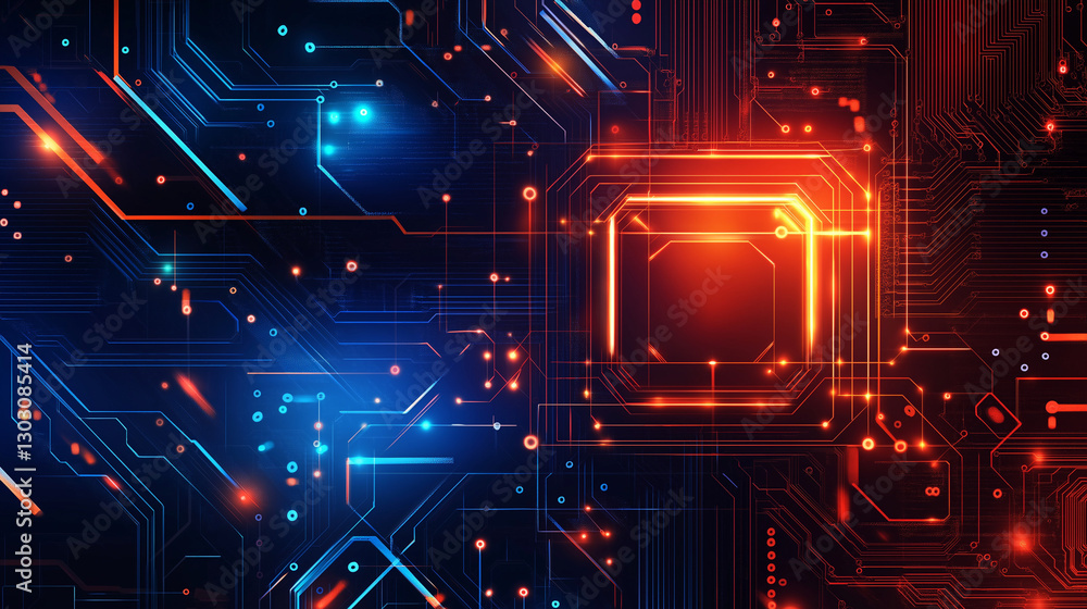 Poster a futuristic abstract background in a high-tech style in orange and blue colors. shining lines and p