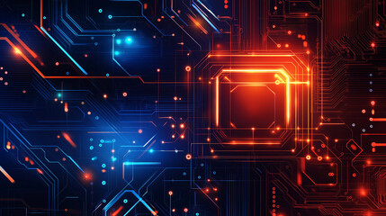 A futuristic abstract background in a high-tech style in orange and blue colors. Shining lines and patterns resembling neural networks, connections, and digital circuits
