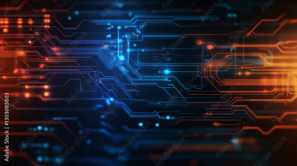 Poster a futuristic abstract background in a high-tech style in orange and blue colors. shining lines and p