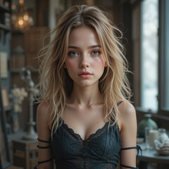 Obraz premium Young woman with blonde hair stares with hopeful expression in softly lit room, evoking sense of quiet contemplation