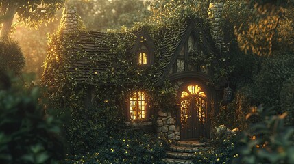 Enchanted Cottage Surrounded by Lush Greenery and Golden Light