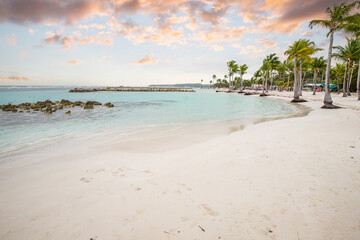 Romantic Caribbean sandy beach with palm trees, turquoise sea. Morning landscape shot at sunrise at Plage de Bois Jolan, Guadeloupe, French Antilles
