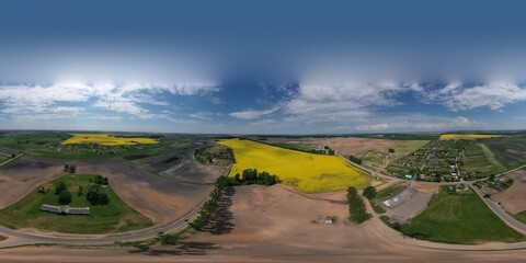 Typical rural landscape from a bird's eye view in Europe. Small villages, agricultural fields, agro-industries, developed roads. What a village looks like in Europe. 360 degree panorama.
