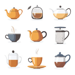 Diverse Teapot and Tea Cup Set: Vintage Style Illustration Collection