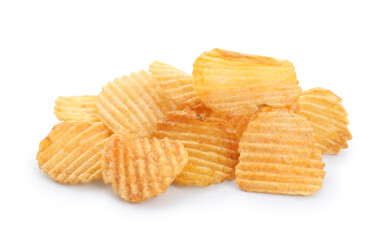 Pile of tasty ridged potato chips isolated on white