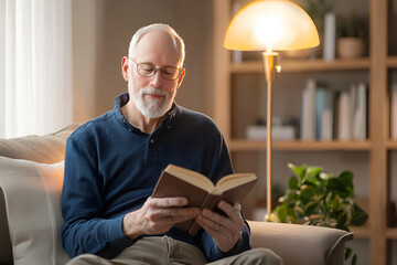 Elderly caucasian man reading book in cozy home setting with warm lighting